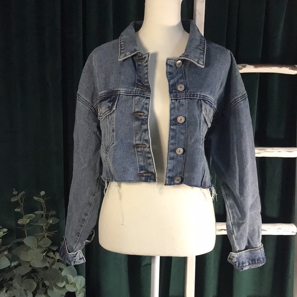 Denim Crop Top Rhinestone Fringe Jacket - Picture 3 of 4